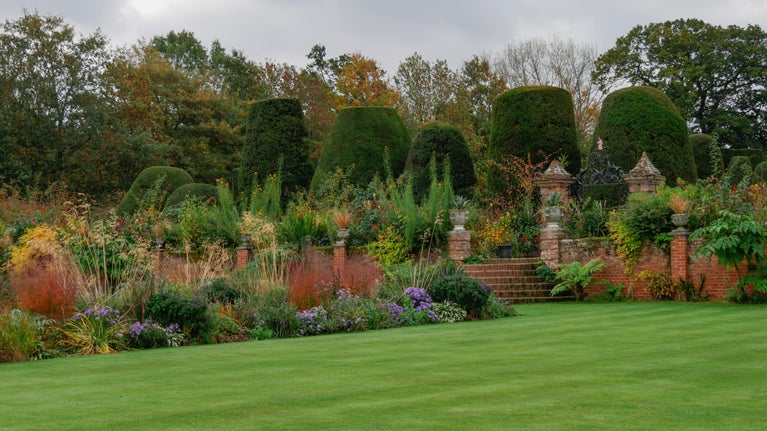 The garden at Packwood House, Warwickshire in autumn. A neatly cut lawn can be seen with borders full of shrubs and flowers next to it and beyond the yew garden can be seen.